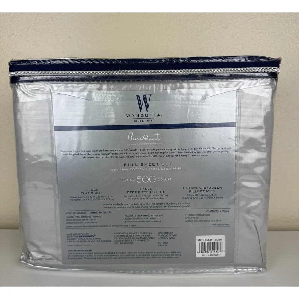 NEW WAMSUTTA 500 Thread Pima Cotton FULL Size Sheet Set In Silver Discounted